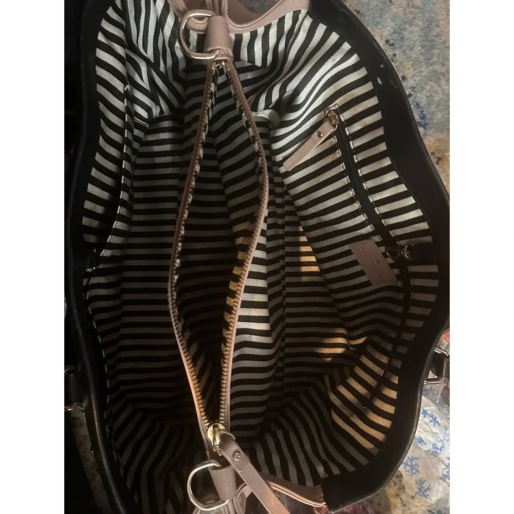 Kate Spade‎ New York Two Tone Leather Satchel Bag Beige Black Striped Lining